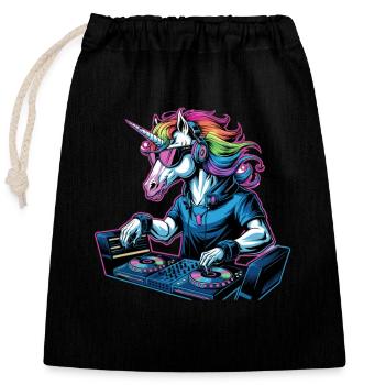 Licorne DJ avec crinière arc-en-ciel et platines - Sac cadeau en coton avec cordon (25 x 30 cm) - noir - Devant