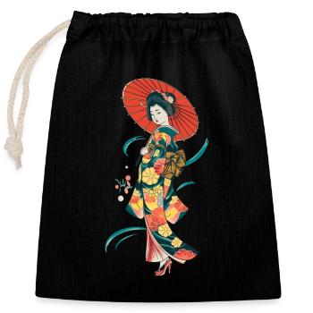 Traditionelle Japanische Geisha mit Blütenmuster - Verschließbarer Geschenkbeutel aus Baumwolle (25x30cm) - Schwarz - Vorne