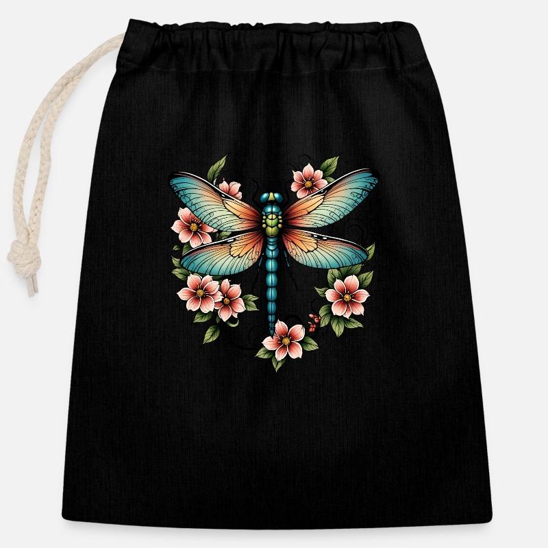 Couronne florale de libellule - Sac cadeau en coton avec cordon (25 x 30 cm) - noir
