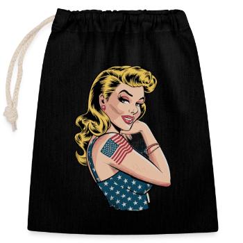 Vintage Americana Pin-Up mit Flaggenmotiv und - Verschließbarer Geschenkbeutel aus Baumwolle (25x30cm) - Schwarz - Vorne