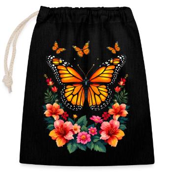 Papillon, Monarque, Fleurs, Entomologiste - Sac cadeau en coton avec cordon (25 x 30 cm) - noir - Devant