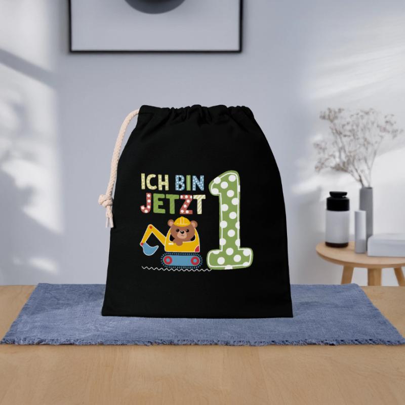 Ich bin jetzt 1 Bagger Bär 1. Geburtstag Verschließbarer Geschenkbeutel aus Baumwolle (25x30cm)