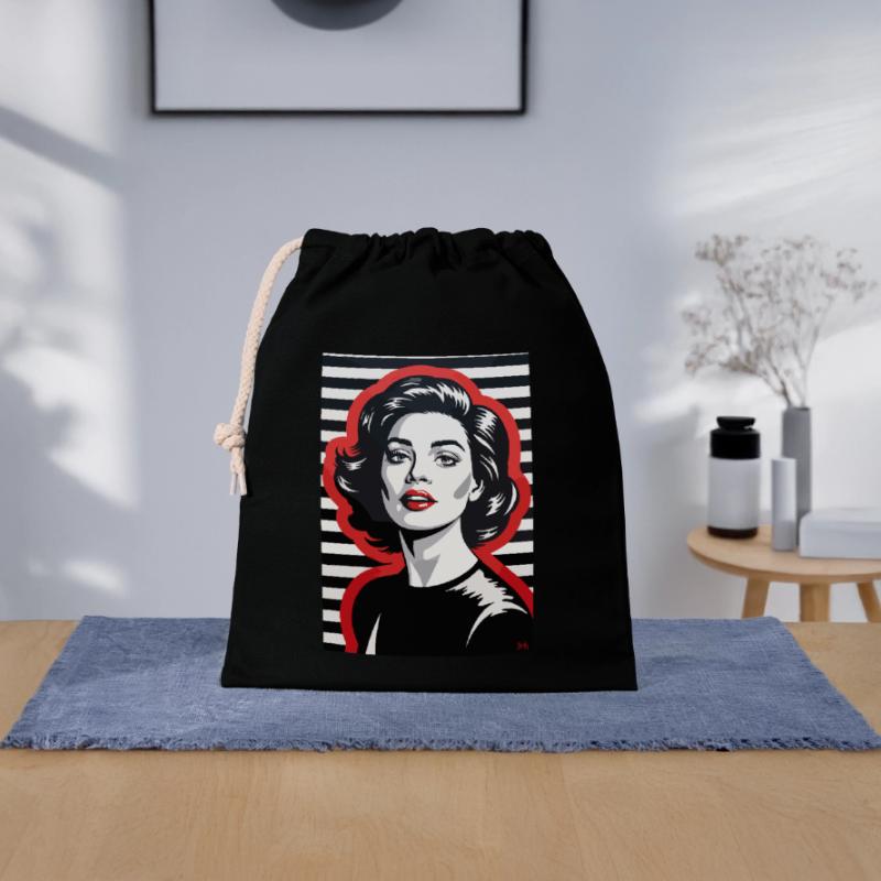 Portrait rétro élégant avec motif rayé Sac cadeau en coton avec cordon (25 x 30 cm)