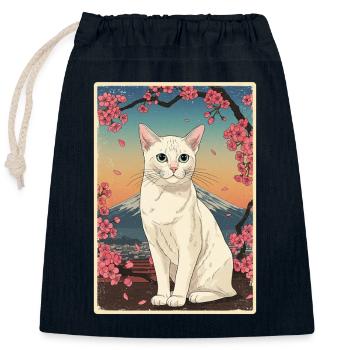 White Cat Cherry Blossom - Verschließbarer Geschenkbeutel aus Baumwolle (25x30cm) - Navy - Vorne