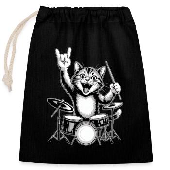 Rockende Katze Am Schlagzeug - Verschließbarer Geschenkbeutel aus Baumwolle (25x30cm) - Schwarz - Vorne