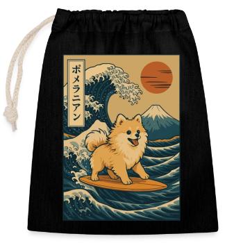 Pomeranian Dog Lover Surfing Great Wave Mount Fuji - Closable cotton gift bag (25x30cm) - black - Front