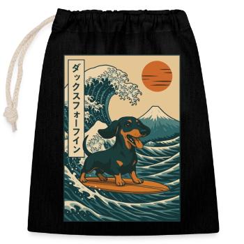Dackel Hund Liebhaber Surfen Japanische Wellenkunst - Verschließbarer Geschenkbeutel aus Baumwolle (25x30cm) - Schwarz - Vorne