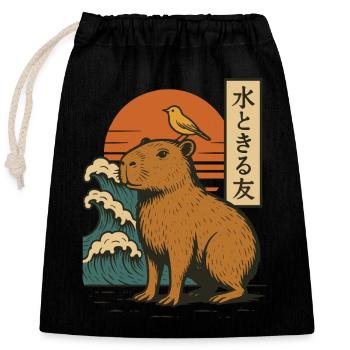 Capybara Bird Waves Sunset Japanese Wave Sunset - Closable cotton gift bag (25x30cm) - black - Front