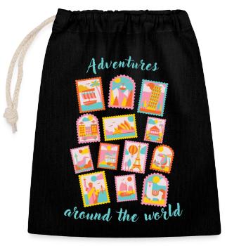 Aventures autour du monde - Timbres - Sac cadeau en coton avec cordon (25 x 30 cm) - noir - Devant