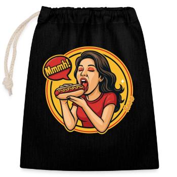 Femme appréciant hotdog bande dessinée style pop art - Sac cadeau en coton avec cordon (25 x 30 cm) - noir - Devant