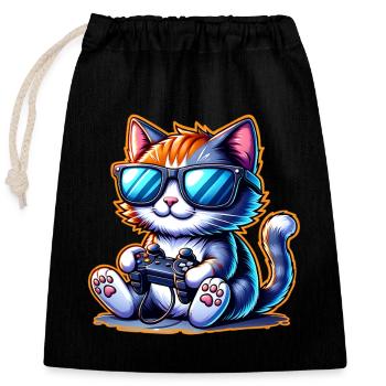 Katze Gaming Gamer - Verschließbarer Geschenkbeutel aus Baumwolle (25x30cm) - Schwarz - Vorne