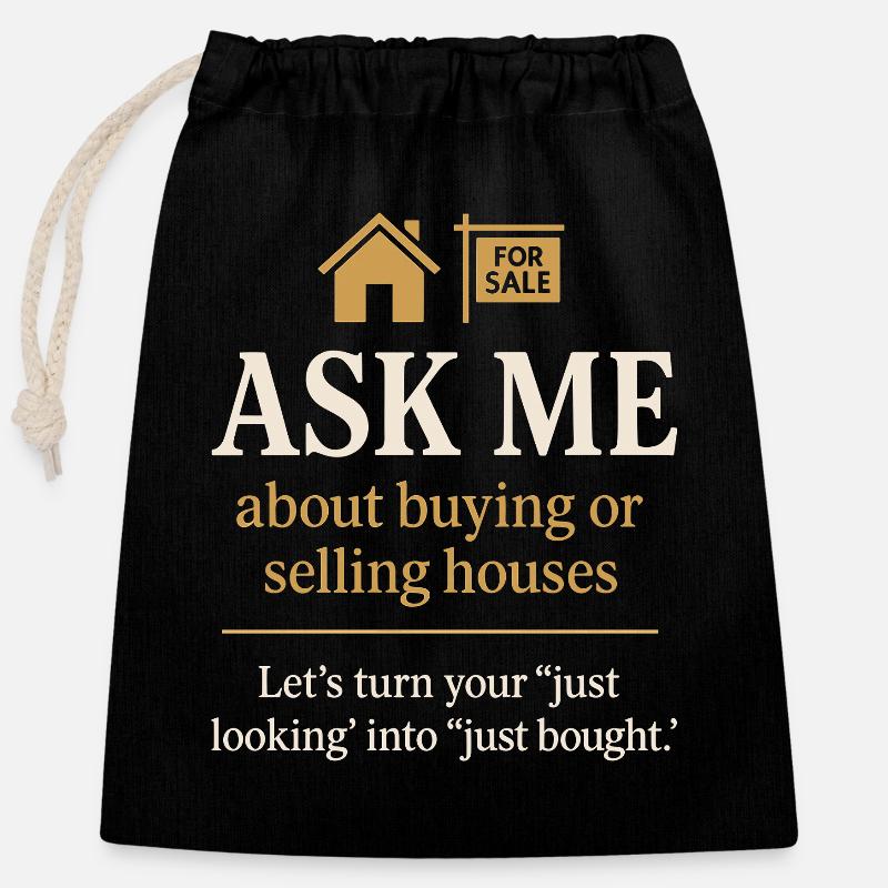Posez-moi des questions sur l’achat ou la vente de maisons - Sac cadeau en coton avec cordon (25 x 30 cm) - noir