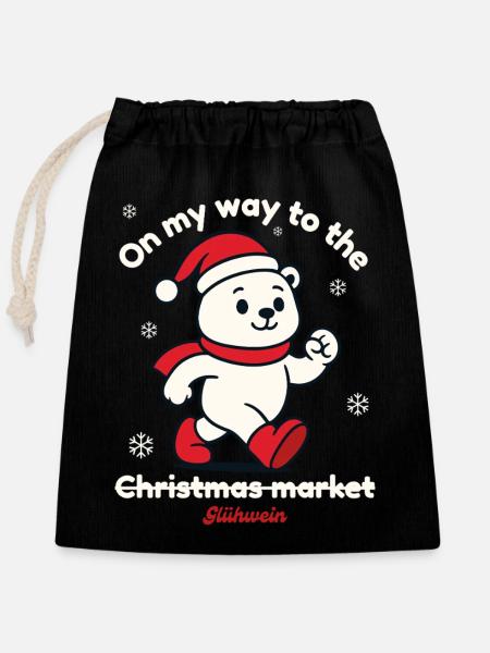 Weihnachtsmarkt - Eisbär Glühwein - Verschließbarer Geschenkbeutel aus Baumwolle (25x30cm) - Schwarz