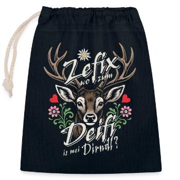 Zefix wo zum Deifi is mei Dirndl ? Costume traditionnel et divertissement - Sac cadeau en coton avec cordon (25 x 30 cm) - bleu marine - Devant