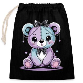Kawaii Pastel Goth Patched Bear - Sac cadeau en coton avec cordon (25 x 30 cm) - noir - Devant