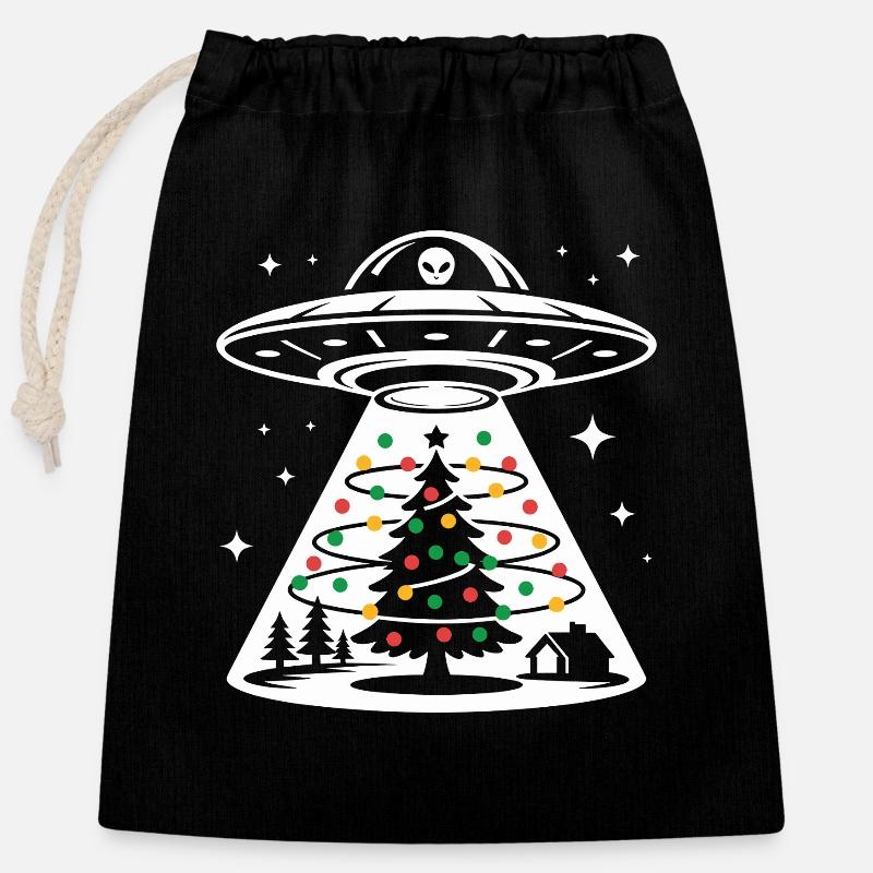 UFO Weihnachtsbaum Lichtstrahl - Verschließbarer Geschenkbeutel aus Baumwolle (25x30cm) - Schwarz