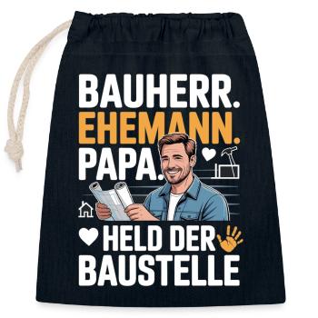 Hero of the construction site – dad, husband & builder - Closable cotton gift bag (25x30cm) - navy - Front
