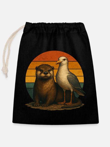 Otter Möwe Retro Tierfreunde - Verschließbarer Geschenkbeutel aus Baumwolle (25x30cm) - Schwarz
