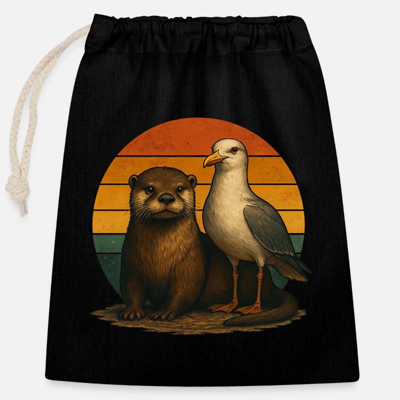 Otter Möwe Retro Tierfreunde - Verschließbarer Geschenkbeutel aus Baumwolle (25x30cm) - Schwarz