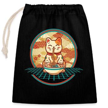 Maneki Neko Ramen Glücksbringer Katze - Verschließbarer Geschenkbeutel aus Baumwolle (25x30cm) - Schwarz - Vorne