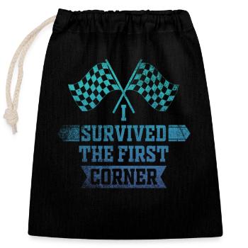 I Survived the First Corner - Closable cotton gift bag (25x30cm) - black - Front