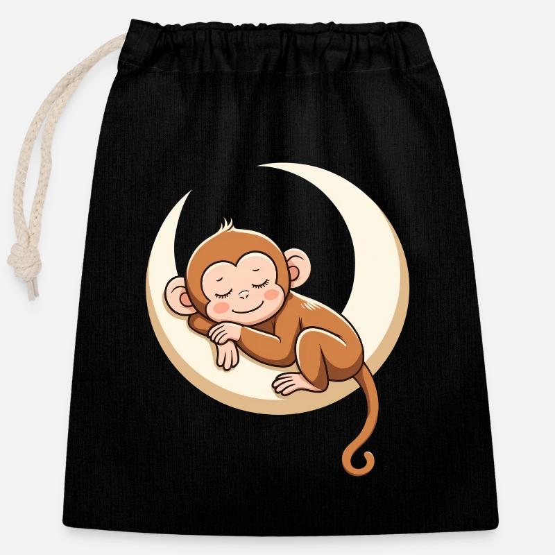 Sleeping monkey on moon pillow - Closable cotton gift bag (25x30cm) - black