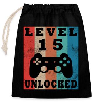 Level 15 Freigeschaltet Retro Controller - Verschließbarer Geschenkbeutel aus Baumwolle (25x30cm) - Schwarz - Vorne