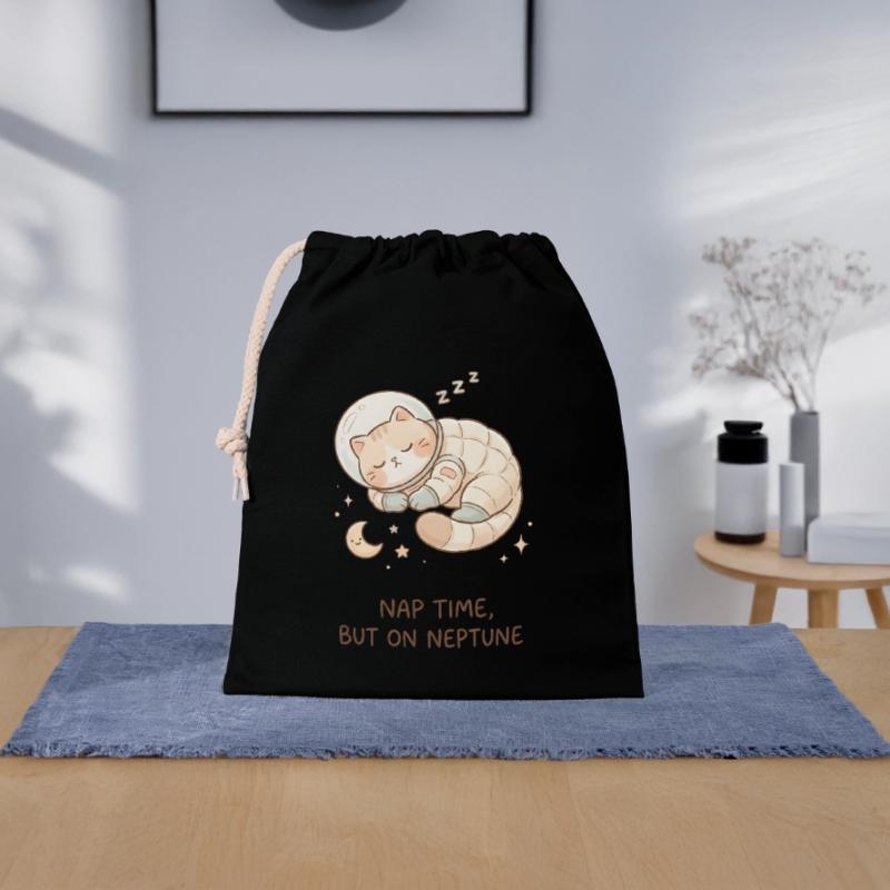 Nap Neptune | Chat de l’espace mignon Sac cadeau en coton avec cordon (25 x 30 cm)