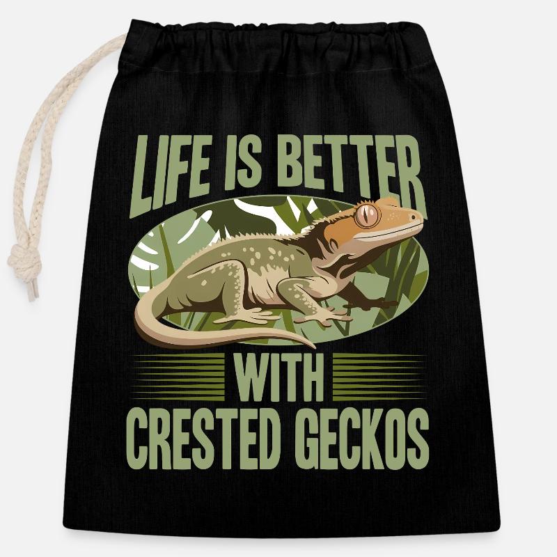 Funny Reptile Crested Gecko - Closable cotton gift bag (25x30cm) - black
