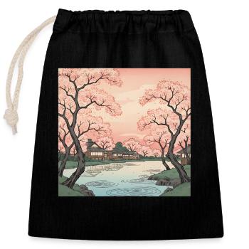 Traditioneller Japanischer Kirschblüten - Verschließbarer Geschenkbeutel aus Baumwolle (25x30cm) - Schwarz - Vorne