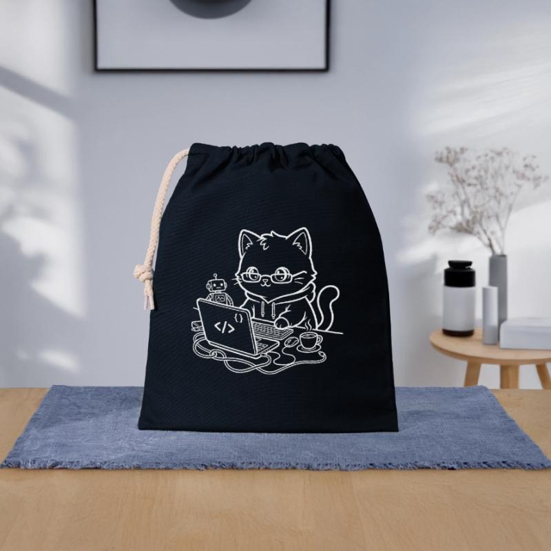 Coder Kawaii Cat Programmer Sac cadeau en coton avec cordon (25 x 30 cm)