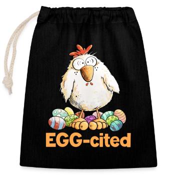 Poulet excité avec des œufs de Pâques en disant Eggcited - Sac cadeau en coton avec cordon (25 x 30 cm) - noir - Devant