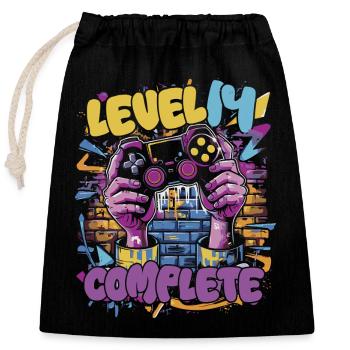 Level 14 Complete Gaming Graffiti - Verschließbarer Geschenkbeutel aus Baumwolle (25x30cm) - Schwarz - Vorne