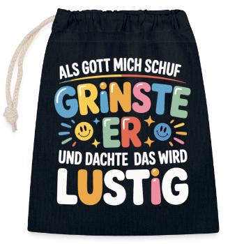 Als Gott mich schuf grinste er – Lustiger Spruch - Verschließbarer Geschenkbeutel aus Baumwolle (25x30cm) - Navy - Vorne