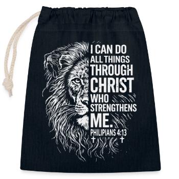 Löwenstärke durch Christus – Philipper 4:13 - Verschließbarer Geschenkbeutel aus Baumwolle (25x30cm) - Navy - Vorne