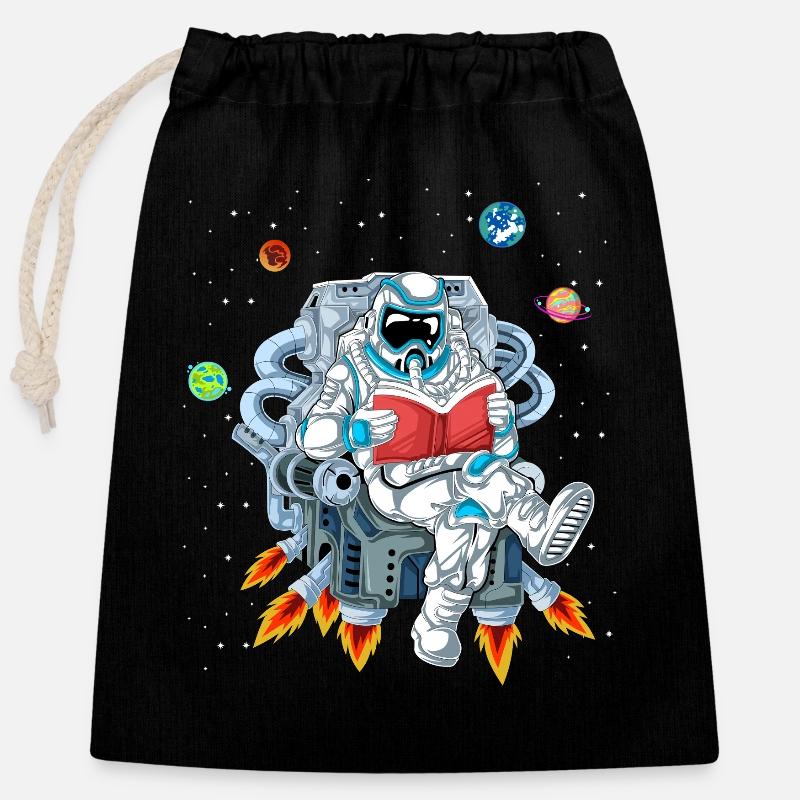 Astronaute Lisant la chemise spatiale - Sac cadeau en coton avec cordon (25 x 30 cm) - noir