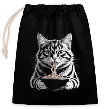 Cat Eats Ramen - Closable cotton gift bag (25x30cm) - black - Front