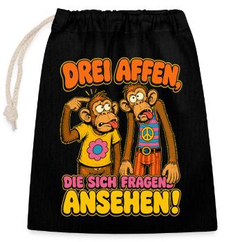 Drei Affen schauen sich an - Verschließbarer Geschenkbeutel aus Baumwolle (25x30cm) - Schwarz - Vorne