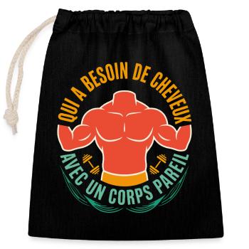 Chauve Musclé Haltère Humour Gym - Sac cadeau en coton avec cordon (25 x 30 cm) - noir - Devant