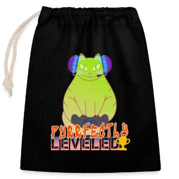Purrfectly Leveled Gaming Cat - Closable cotton gift bag (25x30cm) - black - Front