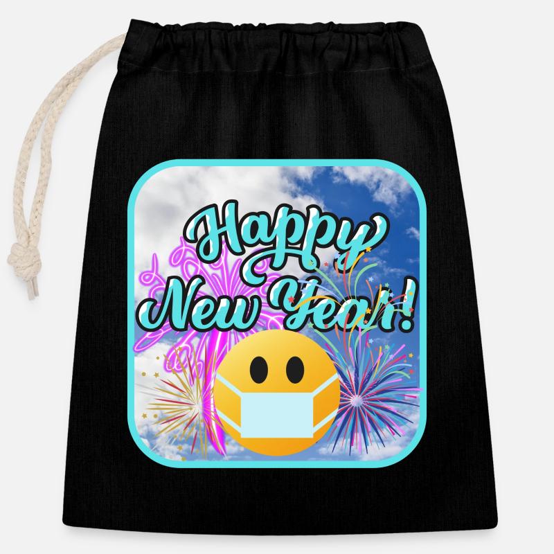 Bonne année, thème coloré. - Sac cadeau en coton avec cordon (25 x 30 cm) - noir