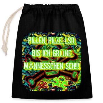PILLS, MUSHROOMS, LSD.... - Closable cotton gift bag (25x30cm) - black - Front