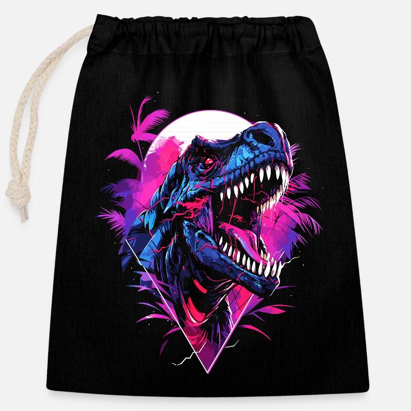 Synthwave T Rex - Verschließbarer Geschenkbeutel aus Baumwolle (25x30cm) - Schwarz