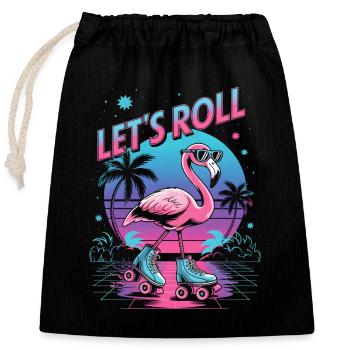 Flamingo auf Rollschuhen - Retro 80er - Verschließbarer Geschenkbeutel aus Baumwolle (25x30cm) - Schwarz - Vorne