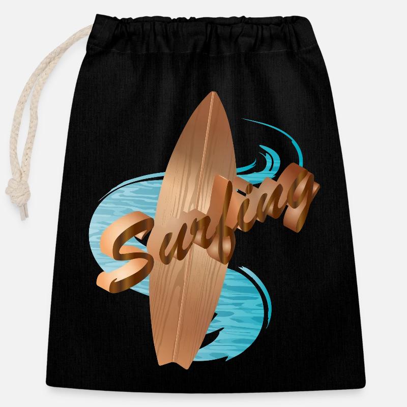 Surfboard Wooden Design with Surfing Typography - Closable cotton gift bag (25x30cm) - black