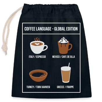 Édition mondiale de Coffee Language - Sac cadeau en coton avec cordon (25 x 30 cm) - bleu marine - Devant