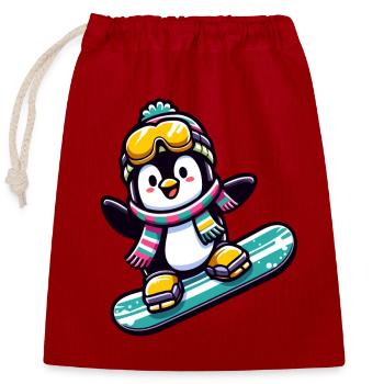 Snowboard Star: Der gleitende Pinguin - Verschließbarer Geschenkbeutel aus Baumwolle (25x30cm) - Rot - Vorne