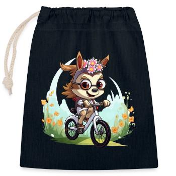 Floral wreath deer on bicycle - Closable cotton gift bag (25x30cm) - navy - Front