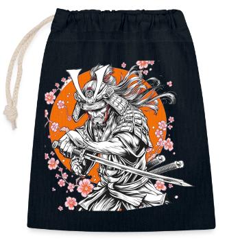 Samurai mit Sakura und Orange Circle - Verschließbarer Geschenkbeutel aus Baumwolle (25x30cm) - Navy - Vorne