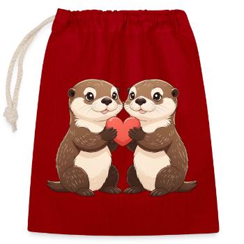 Otter-Duo mit Herz - Verschließbarer Geschenkbeutel aus Baumwolle (25x30cm) - Rot - Vorne